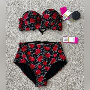 Betsey Johnson Red and Black Floral Bikini Swimwear